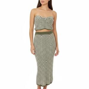 Willow & Wind Womens SMALL Knit Set Olive Green White Chevron Top Midi Skirt